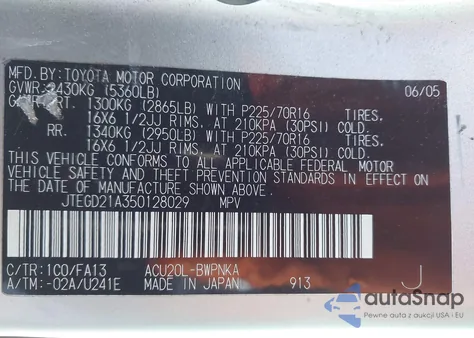 2005 Toyota Highlander from USA, damaged, VIN JTEGD21A350128029